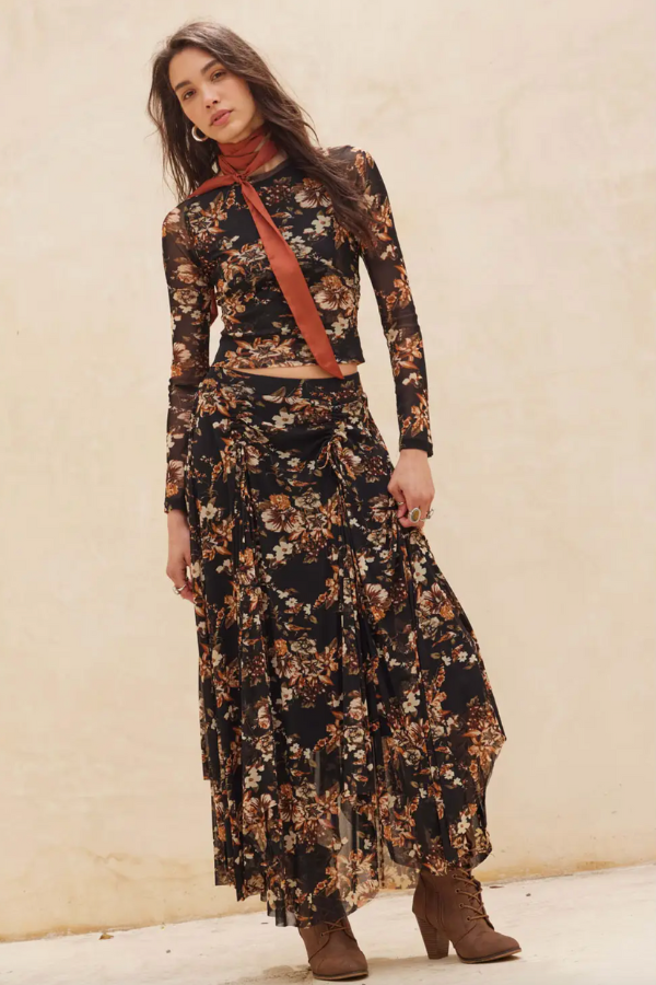 Dark Floral Print Maxi Skirt