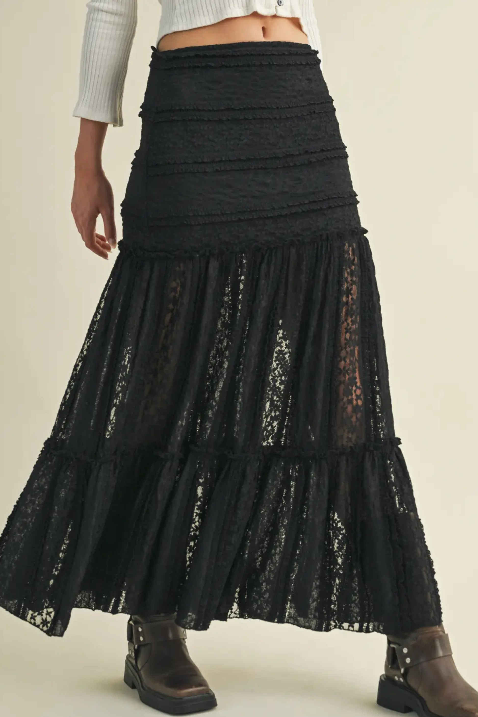 Tiered Lace Maxi Skirt - Black