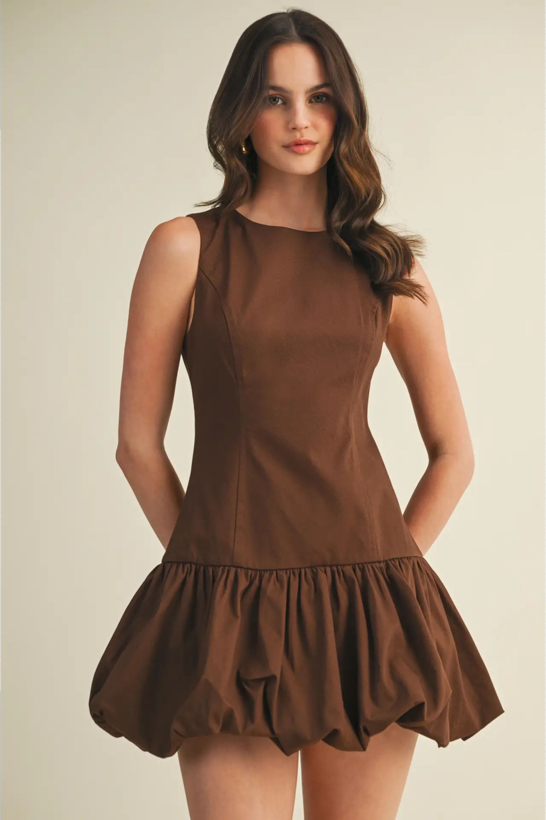 Balloon Hem Mini Dress - Brown