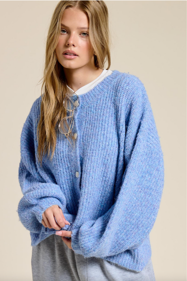 Balloon Sleeve Knit Cardigan - Blue
