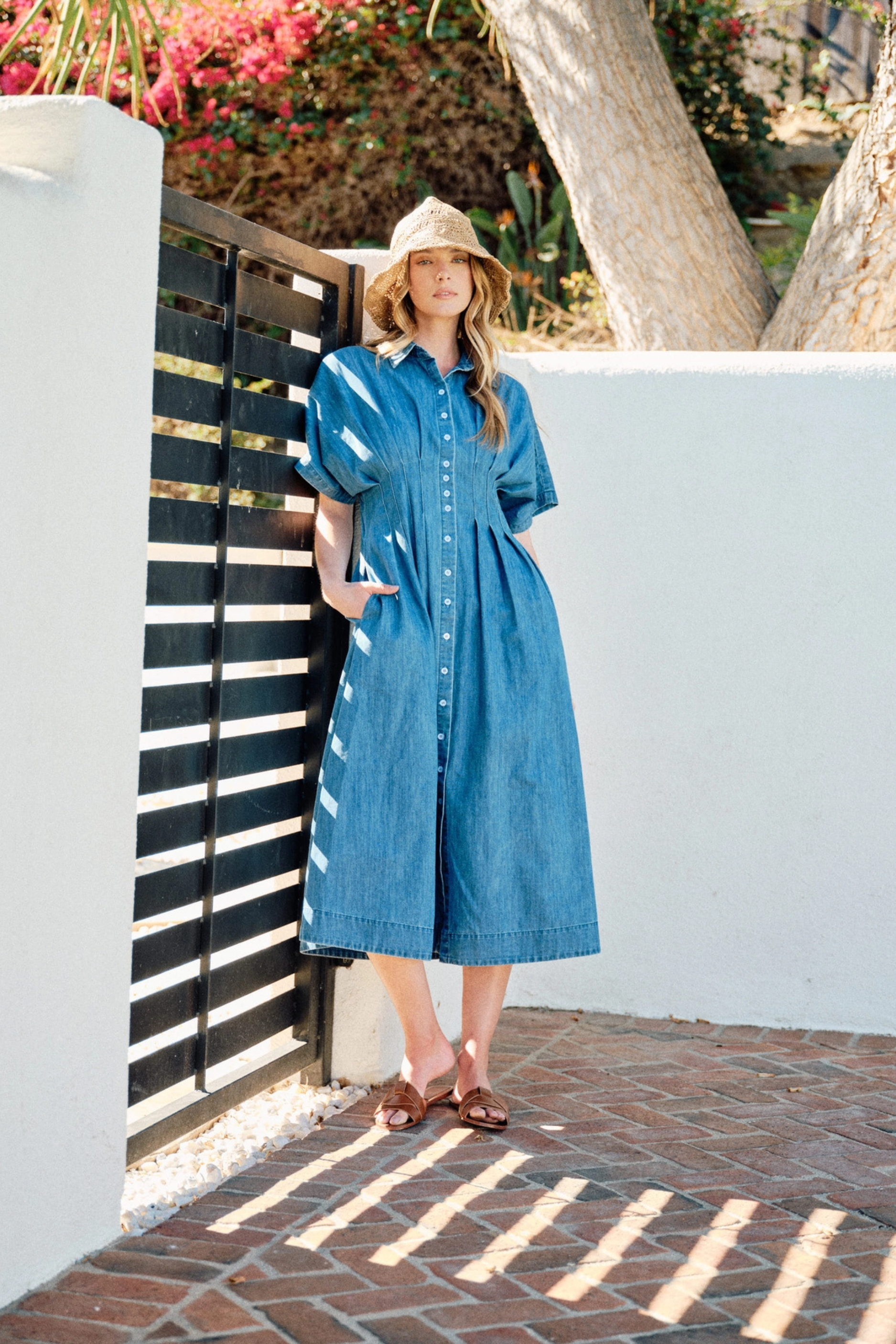 Pleated Denim Midi Dress