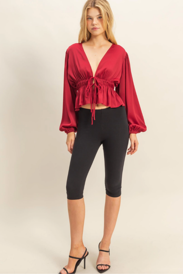 Deep V Peasant Blouse - Burgundy