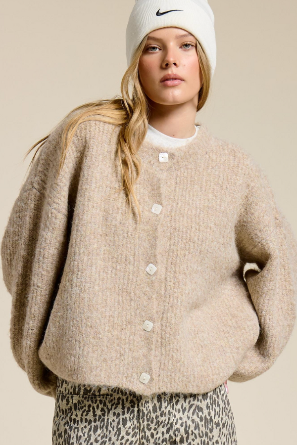 Balloon Sleeve Knit Cardigan - Mocha