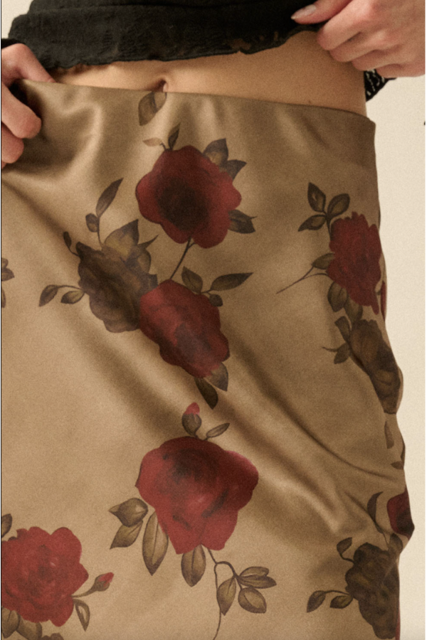 Red Rose Floral Print Maxi Skirt
