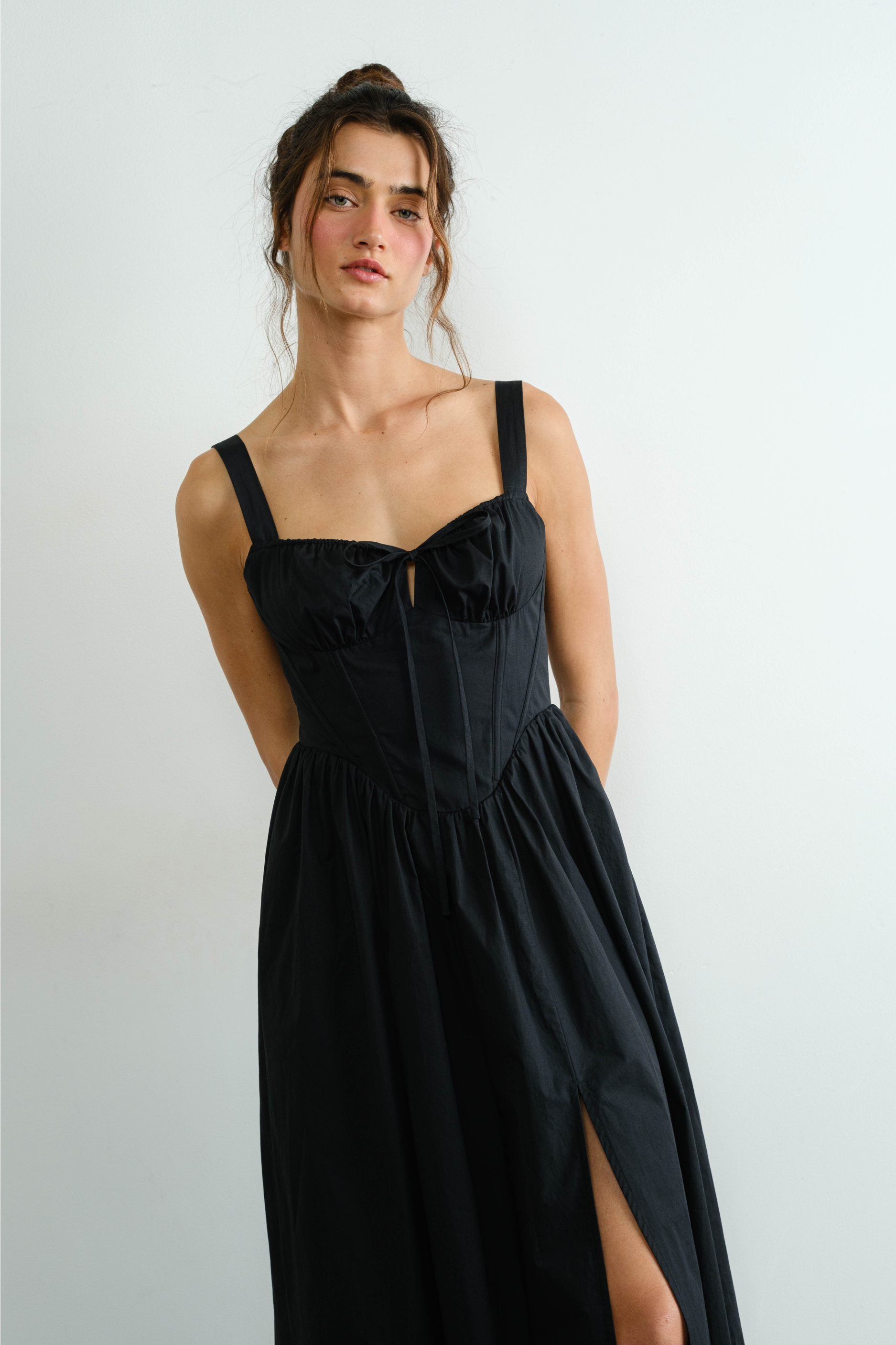 Poplin Ribbon Tie Maxi Dress - Black