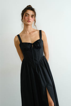 Poplin Ribbon Tie Maxi Dress - Black