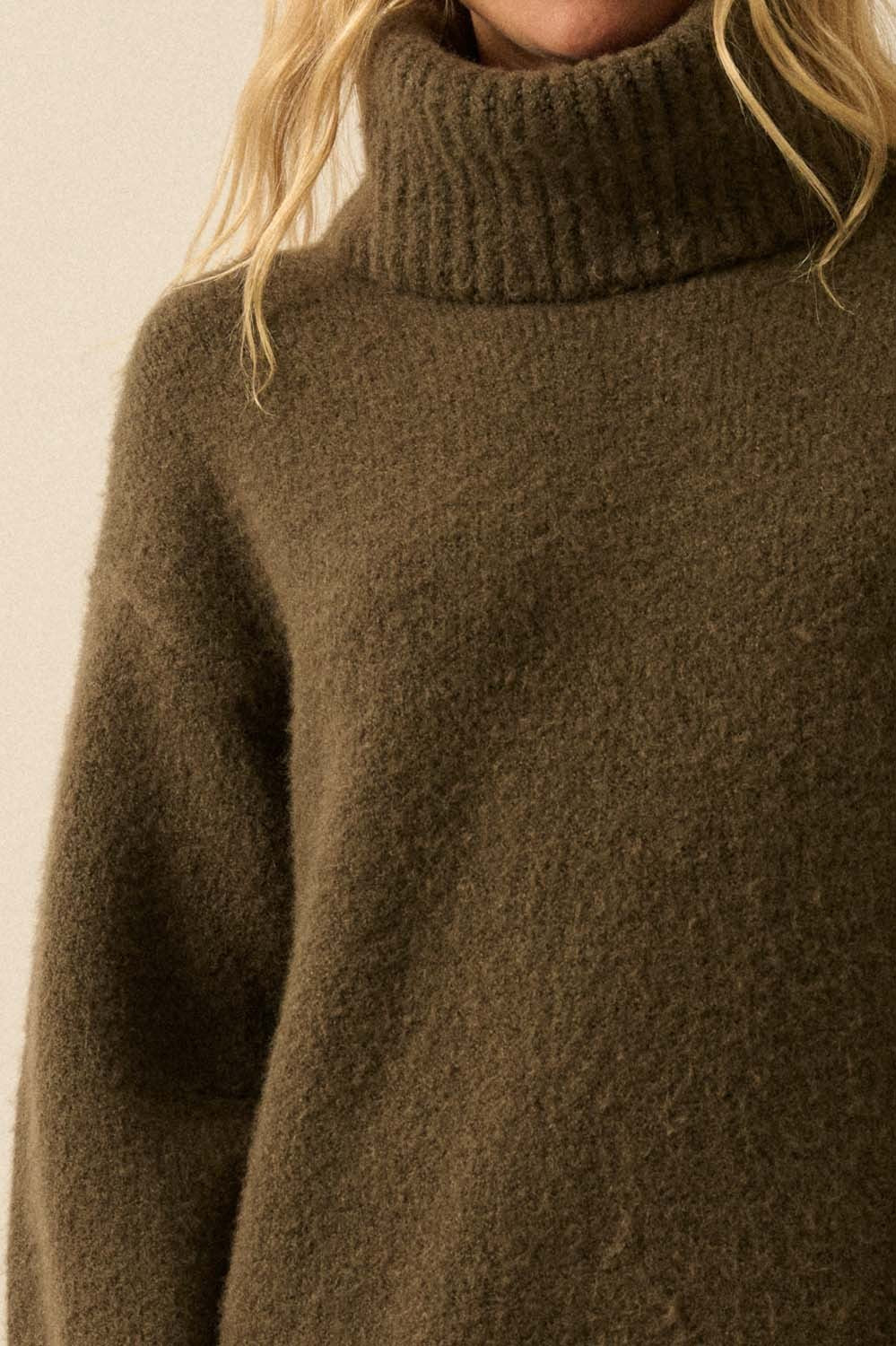 Cowl Neck Midi Sweater Dress - Olive