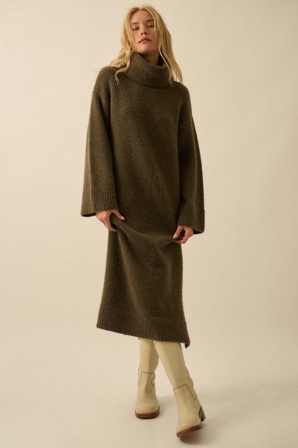 Cowl Neck Midi Sweater Dress - Olive
