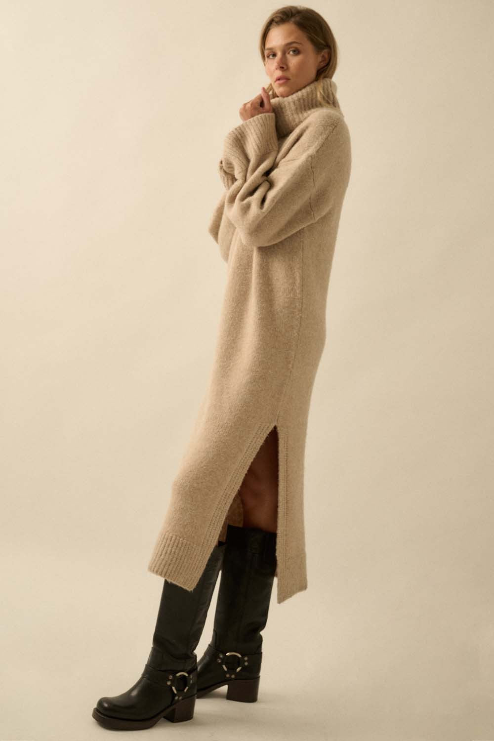 Cowl Neck Midi Sweater Dress - Sand