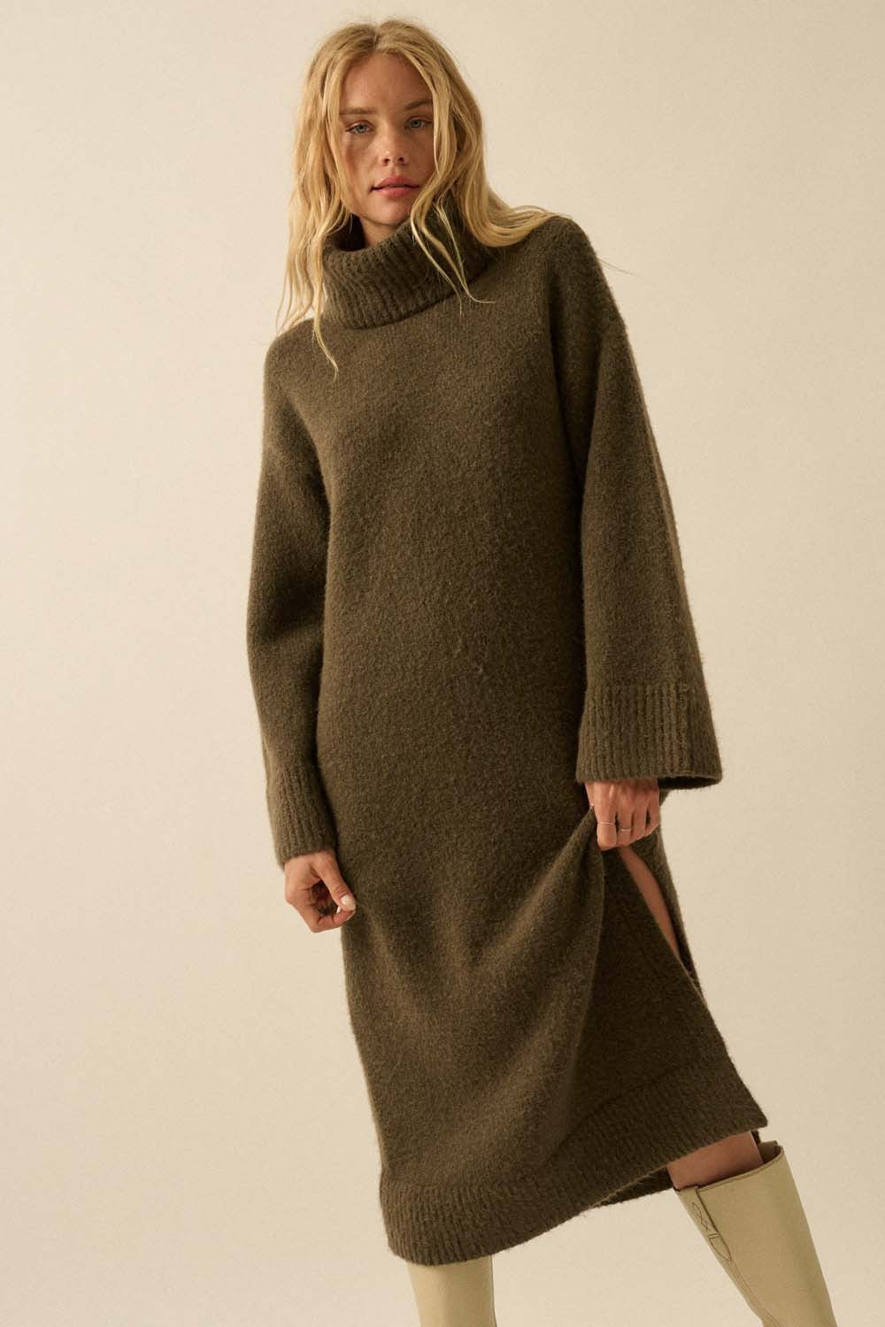 Cowl Neck Midi Sweater Dress - Olive