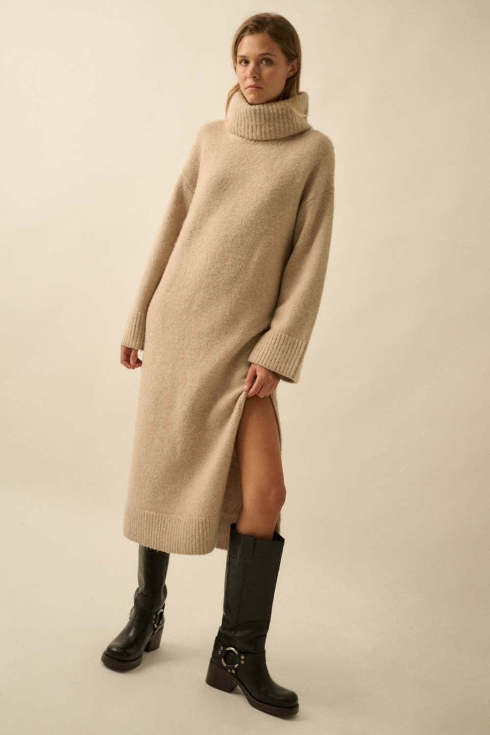 Cowl Neck Midi Sweater Dress - Sand