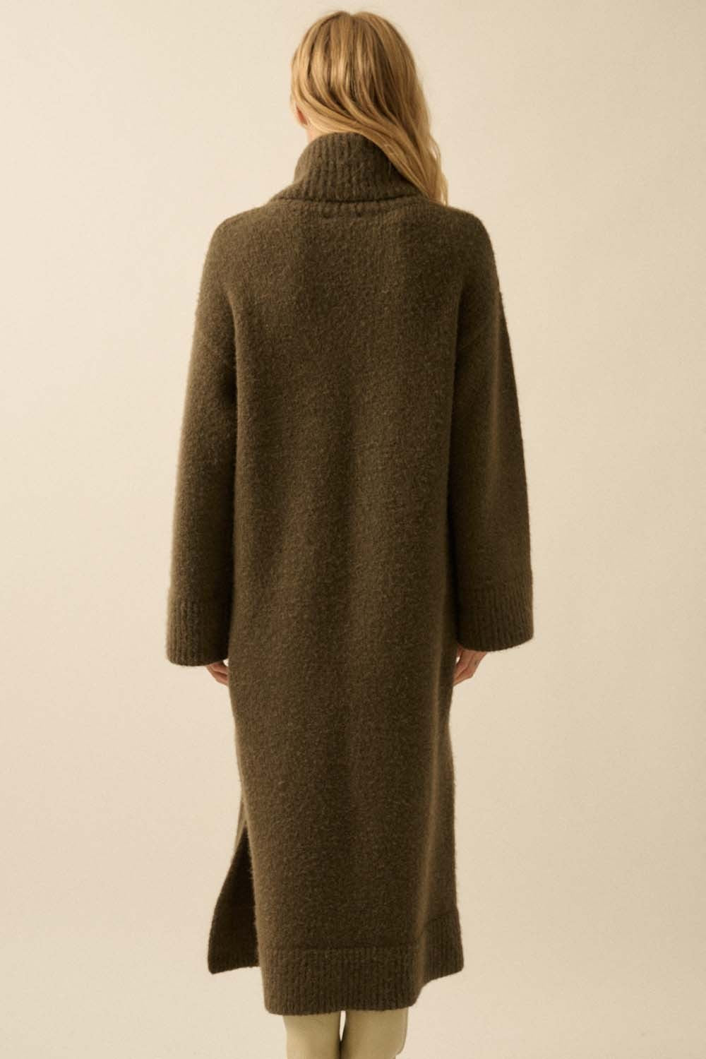 Cowl Neck Midi Sweater Dress - Olive