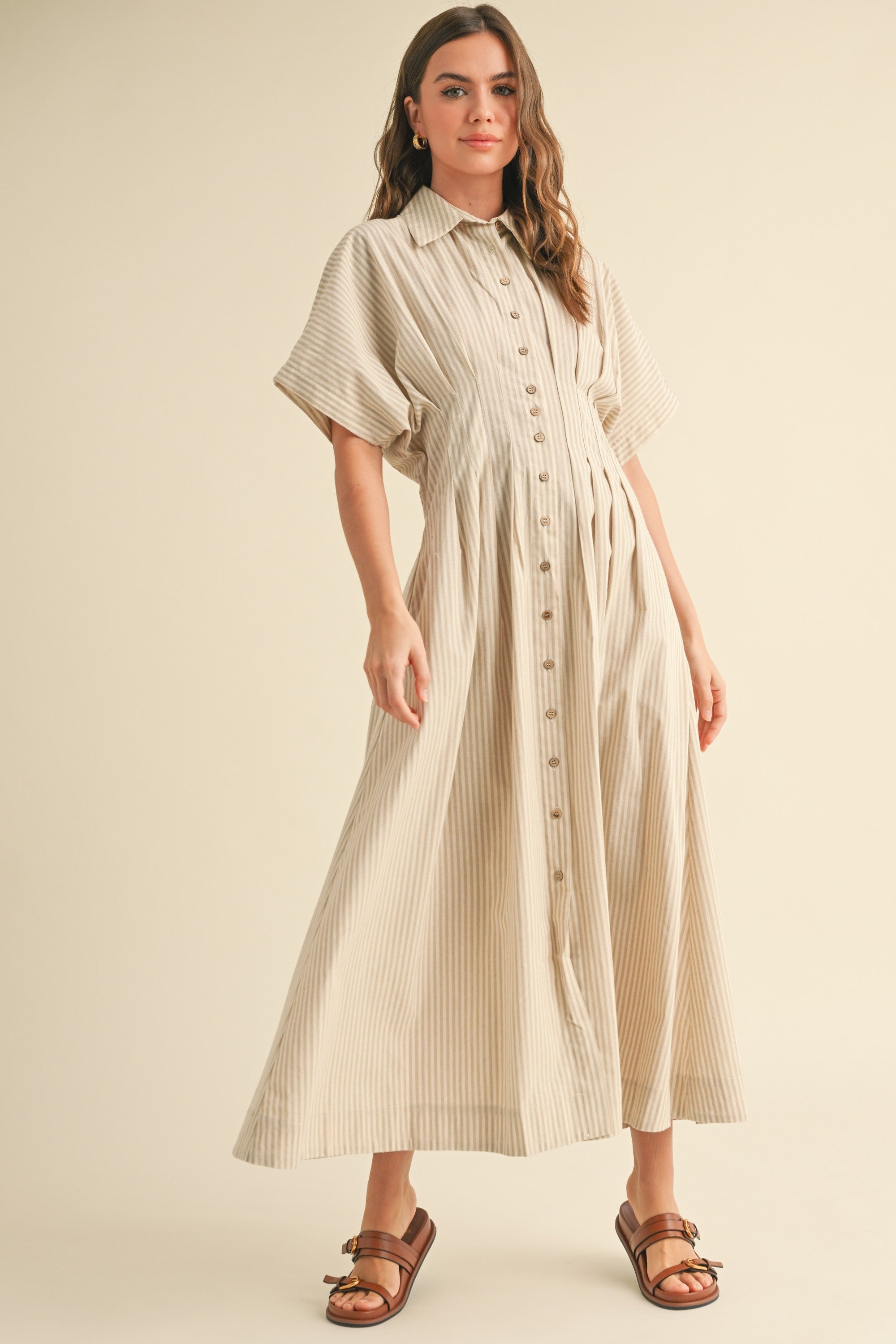 Emily Striped Midi Dress - Tan