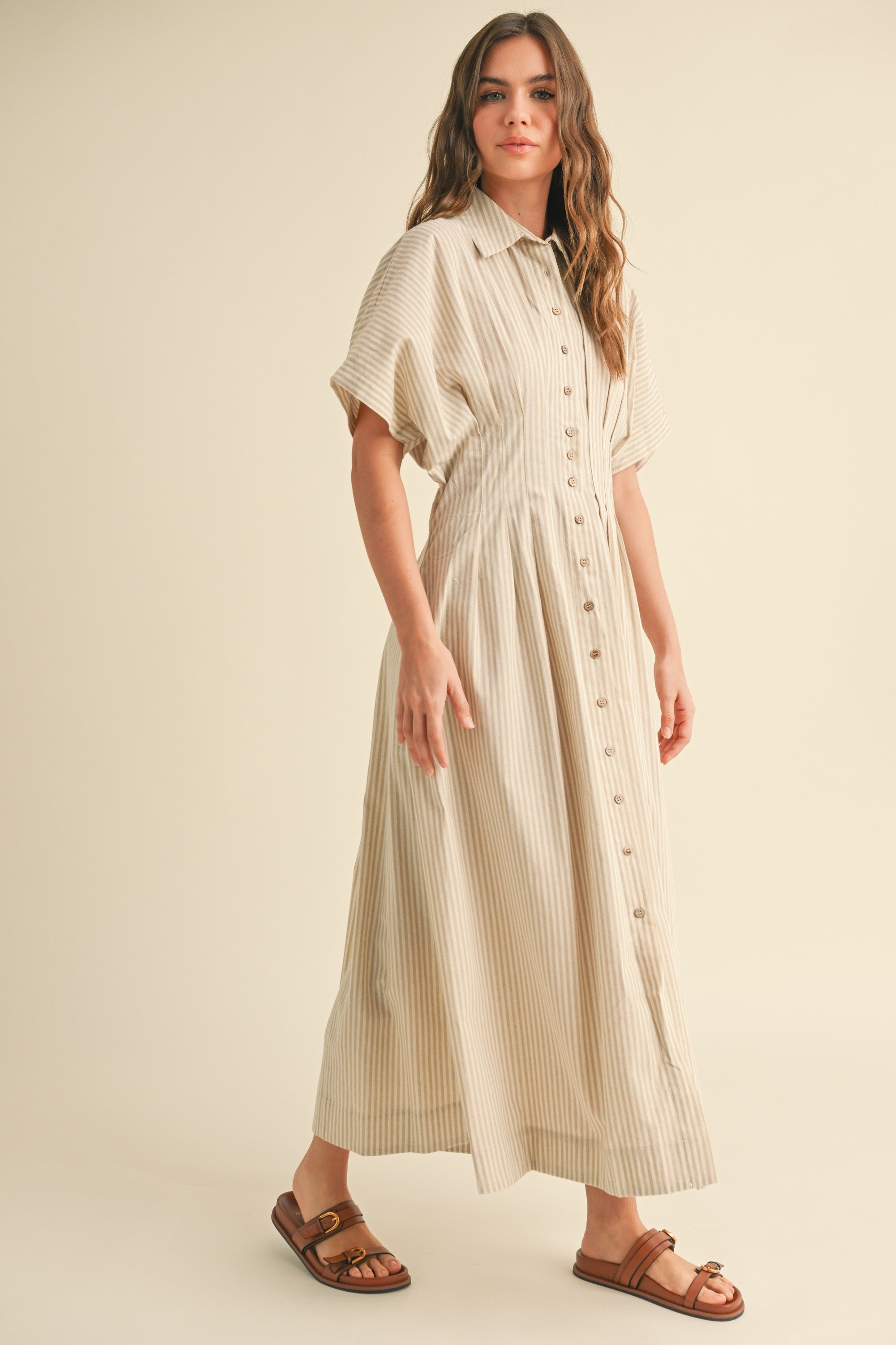 Emily Striped Midi Dress - Tan