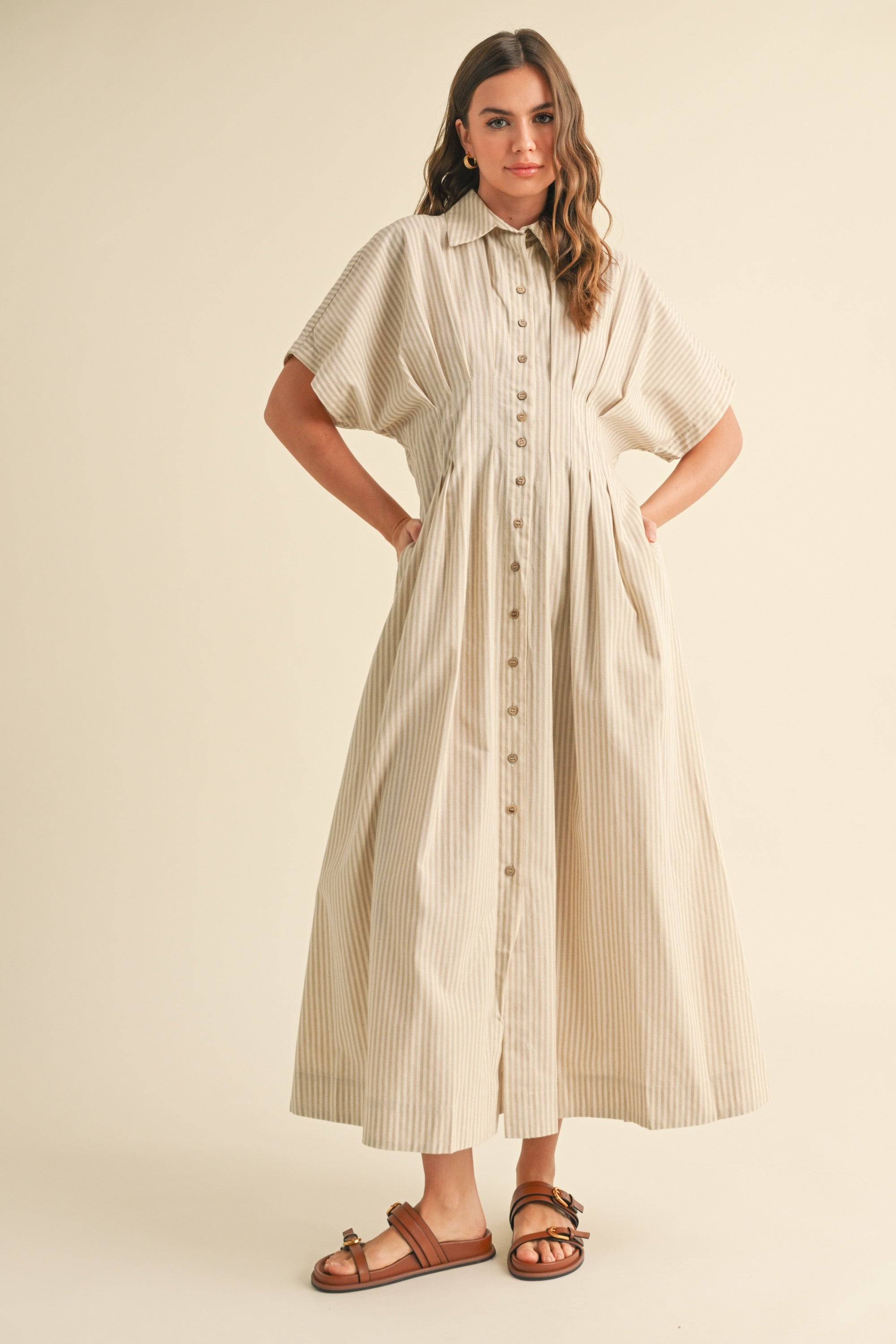 Emily Striped Midi Dress - Tan