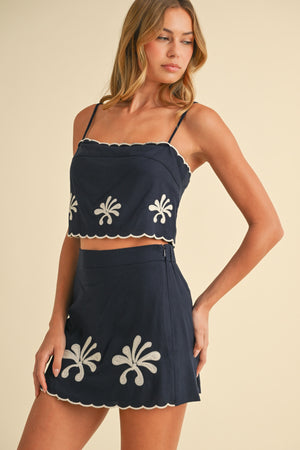Linen Embroidered Skirt Set - Navy