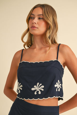 Linen Embroidered Skirt Set - Navy
