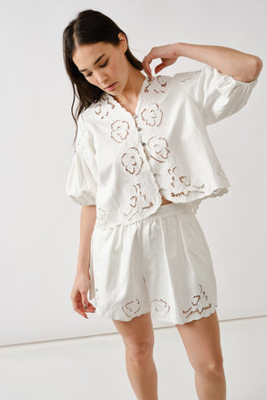 Denim Embroidered Set - White