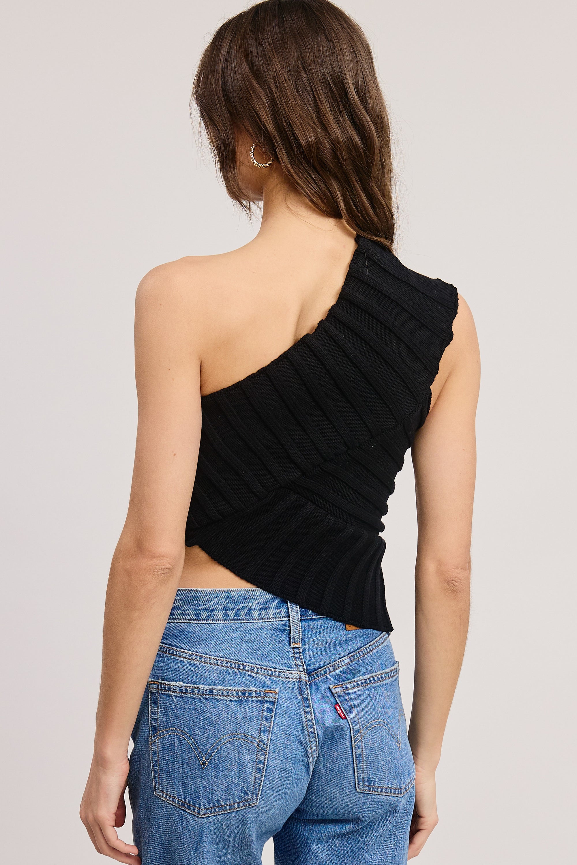 One-Shoulder Ribbed Knit Top - Black