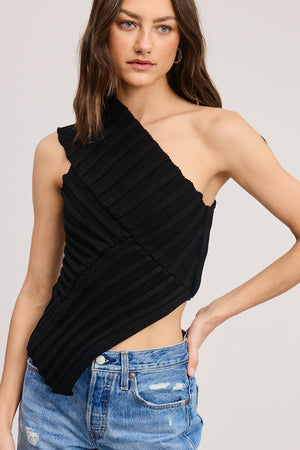 One-Shoulder Ribbed Knit Top - Black
