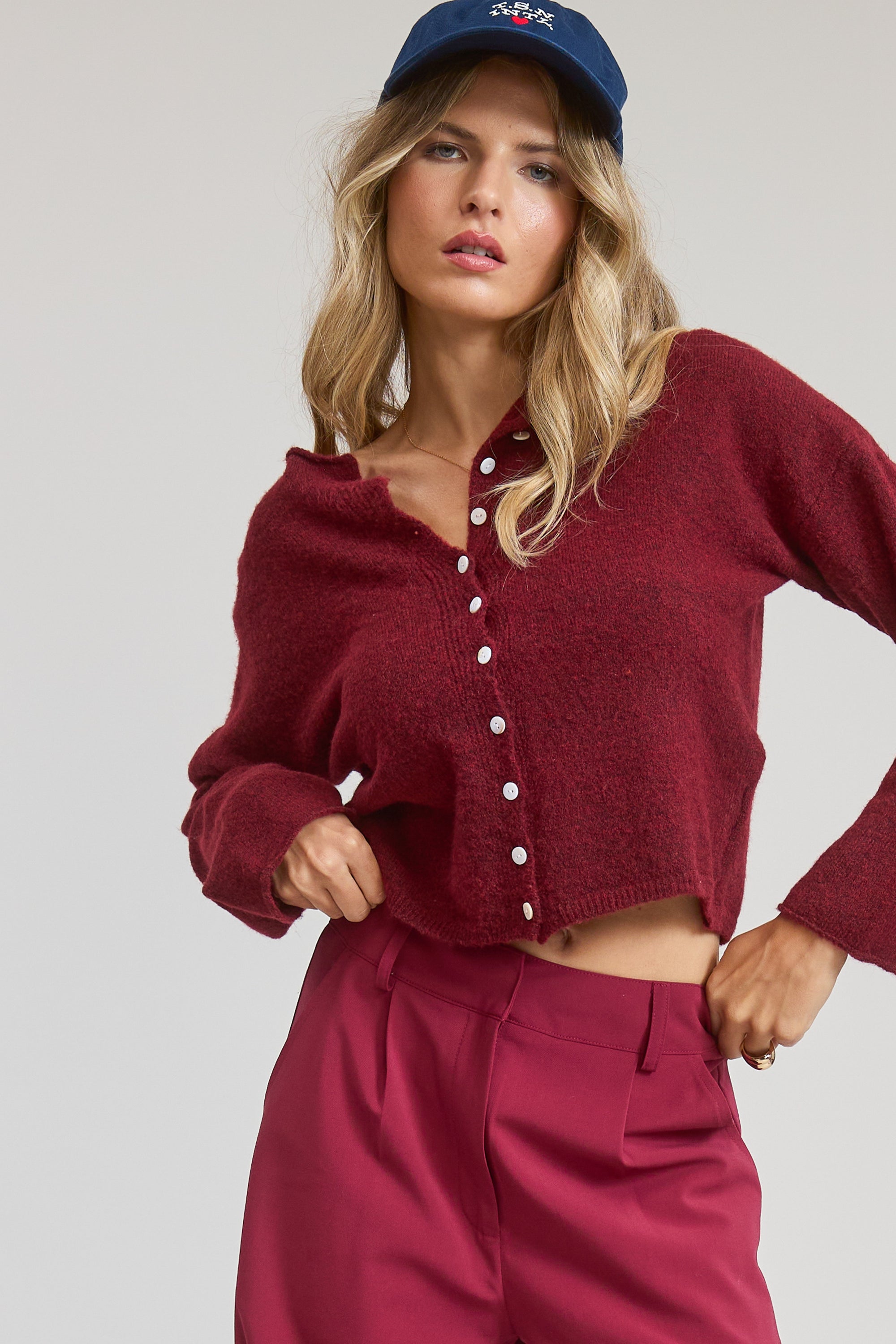 Elise Button Down Cardigan - Burgundy
