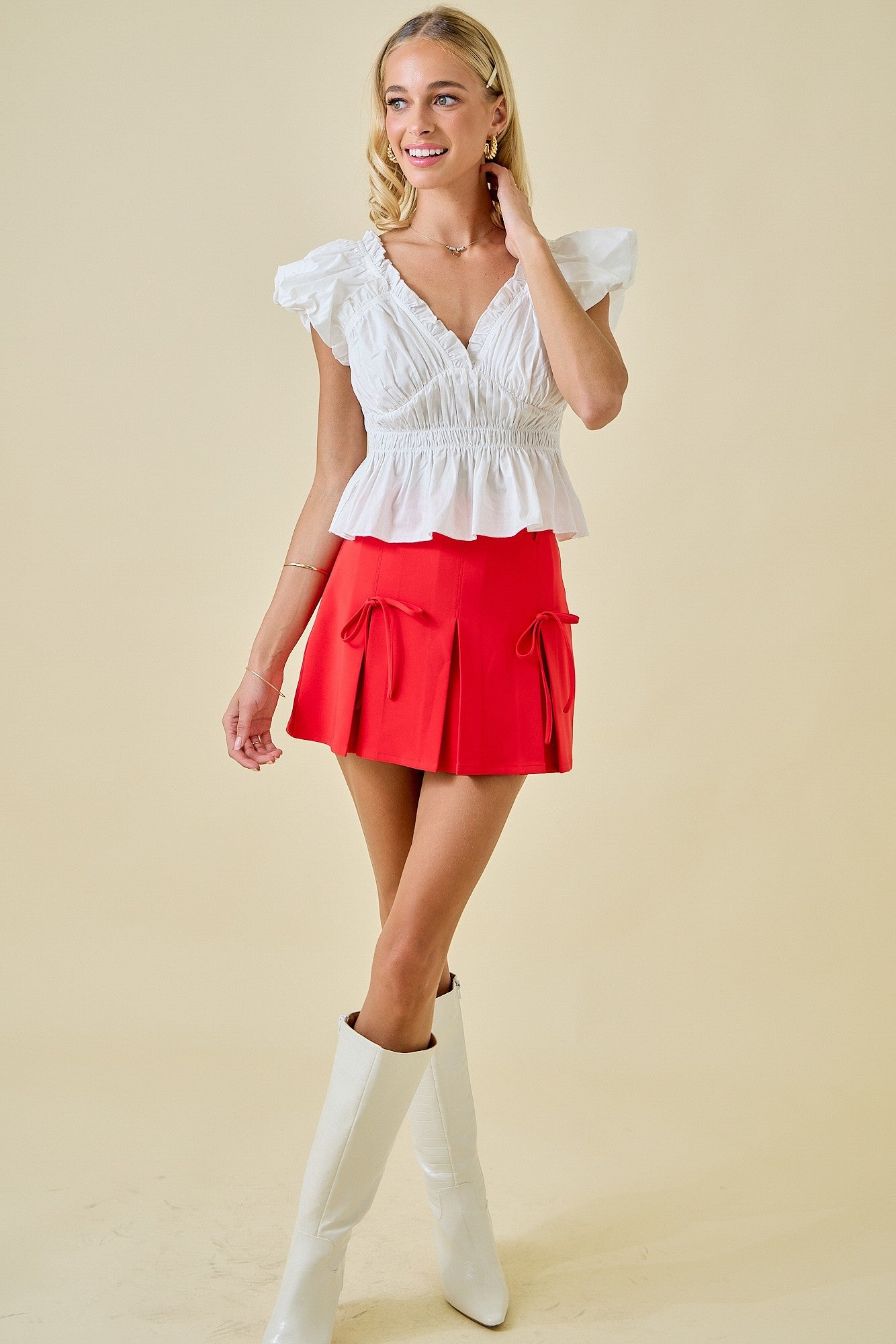 Pleated Bow Cheerleader Skirt - Red