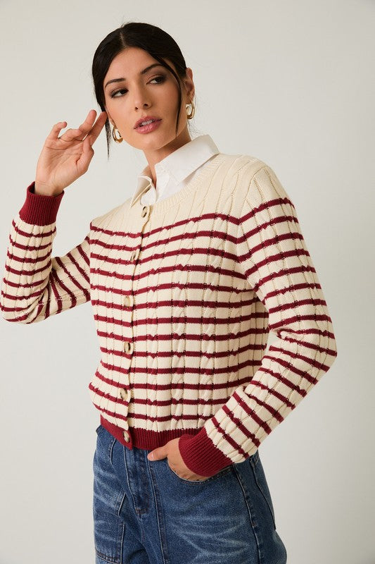 Striped Cable Knit Cardigan