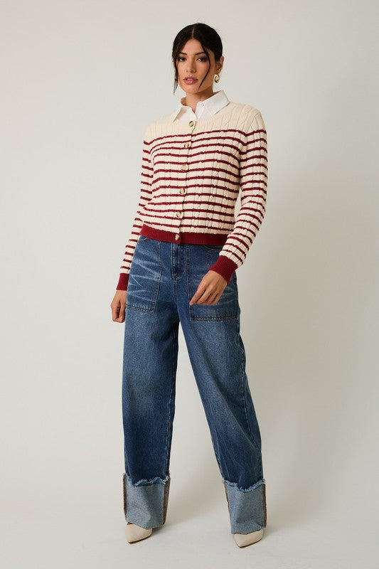 Striped Cable Knit Cardigan