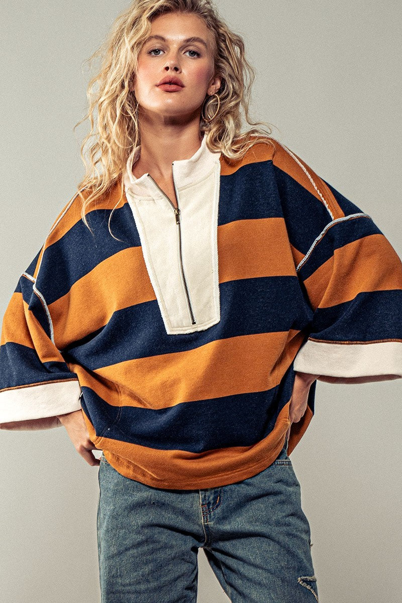 Breezy Striped Pullover Top - Brown Navy