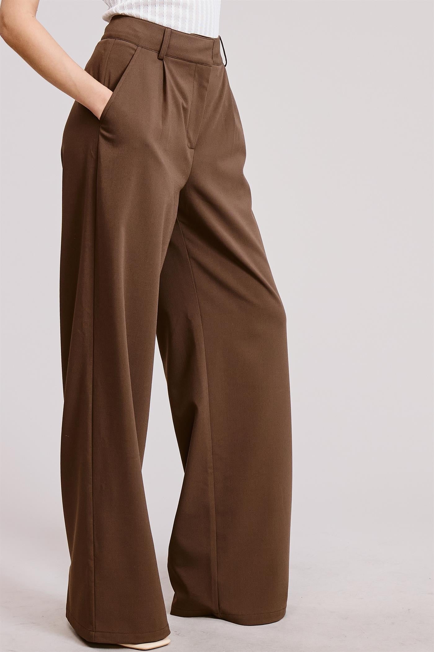 Pleated Wide Leg Trousers - Brown