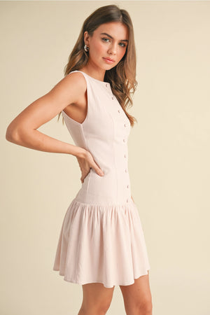 Stretchy Linen Drop Waist Mini Dress - Pink