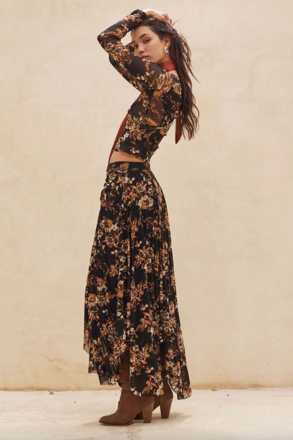 Dark Floral Print Maxi Skirt