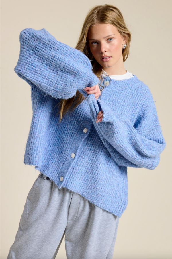 Balloon Sleeve Knit Cardigan - Blue