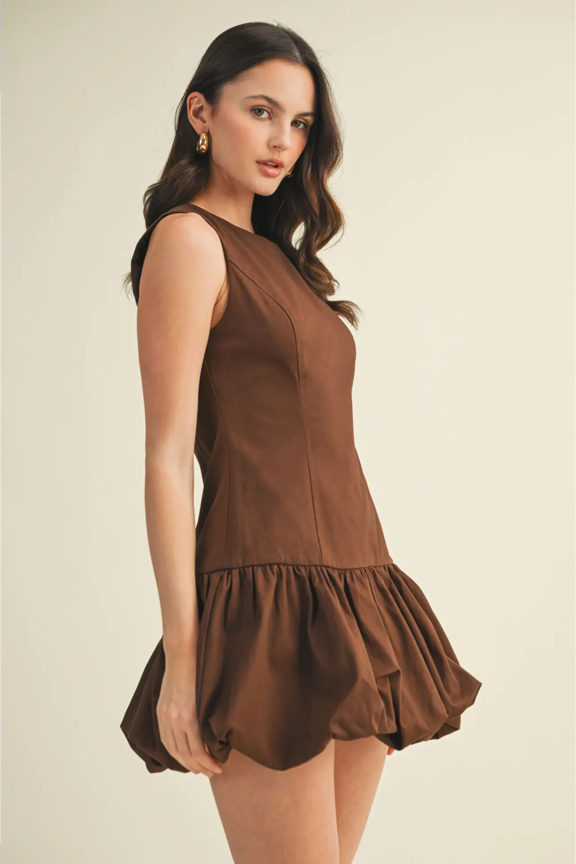 Balloon Hem Mini Dress - Brown
