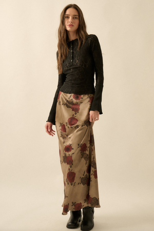 Red Rose Floral Print Maxi Skirt