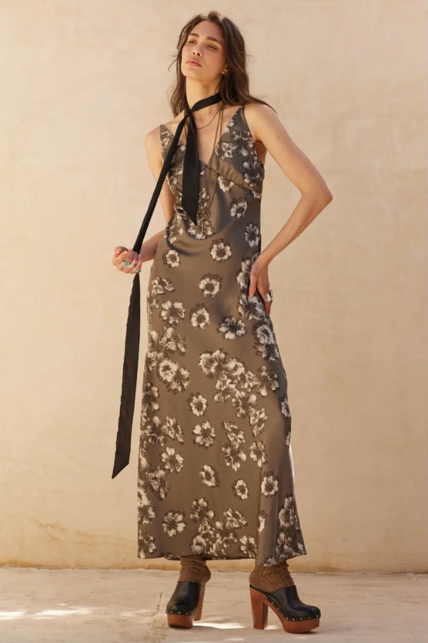Floral Print Satin Column Maxi Dress