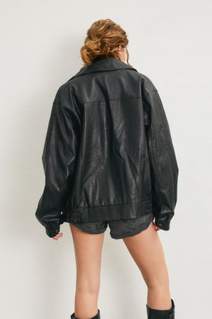 Oversized Faux Leather Biker Jacket - Black
