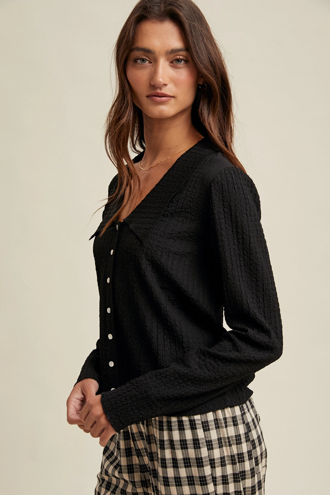 Textured Button Up Knit Top - Black