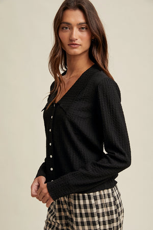 Textured Button Up Knit Top - Black