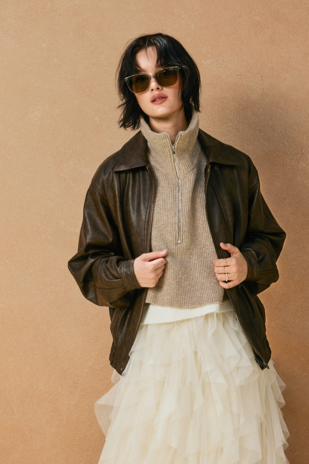 Oversized Faux Leather Biker Jacket - Espresso