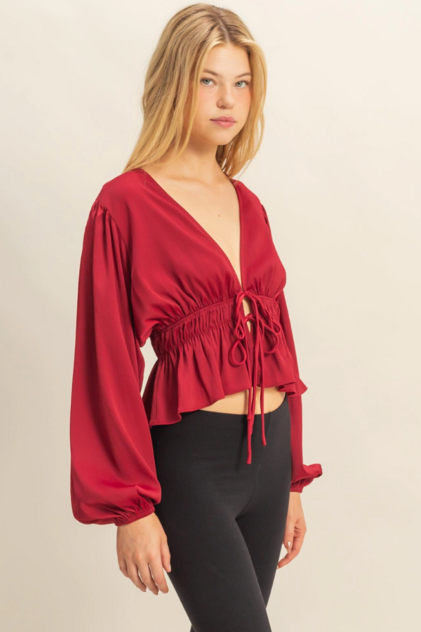 Deep V Peasant Blouse - Burgundy