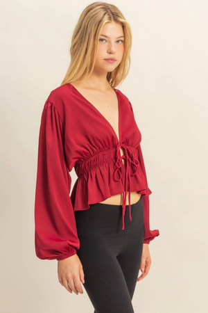 Deep V Peasant Blouse - Burgundy
