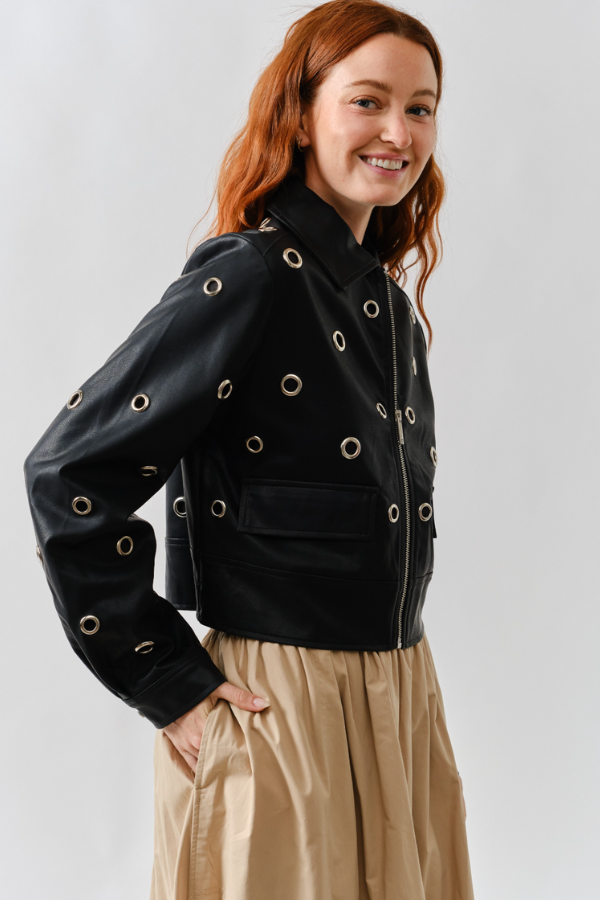 Grommet Faux Leather Jacket - Black