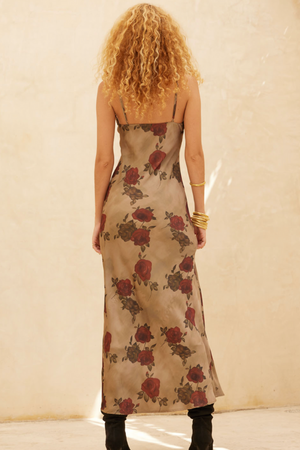 Red Rose Floral Print Maxi Dress