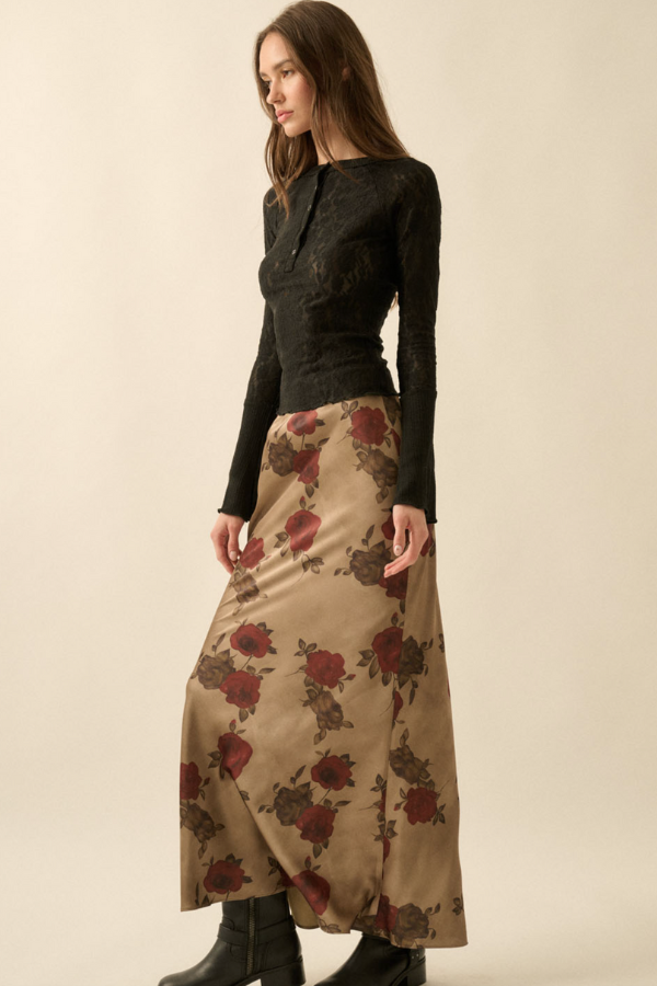 Red Rose Floral Print Maxi Skirt