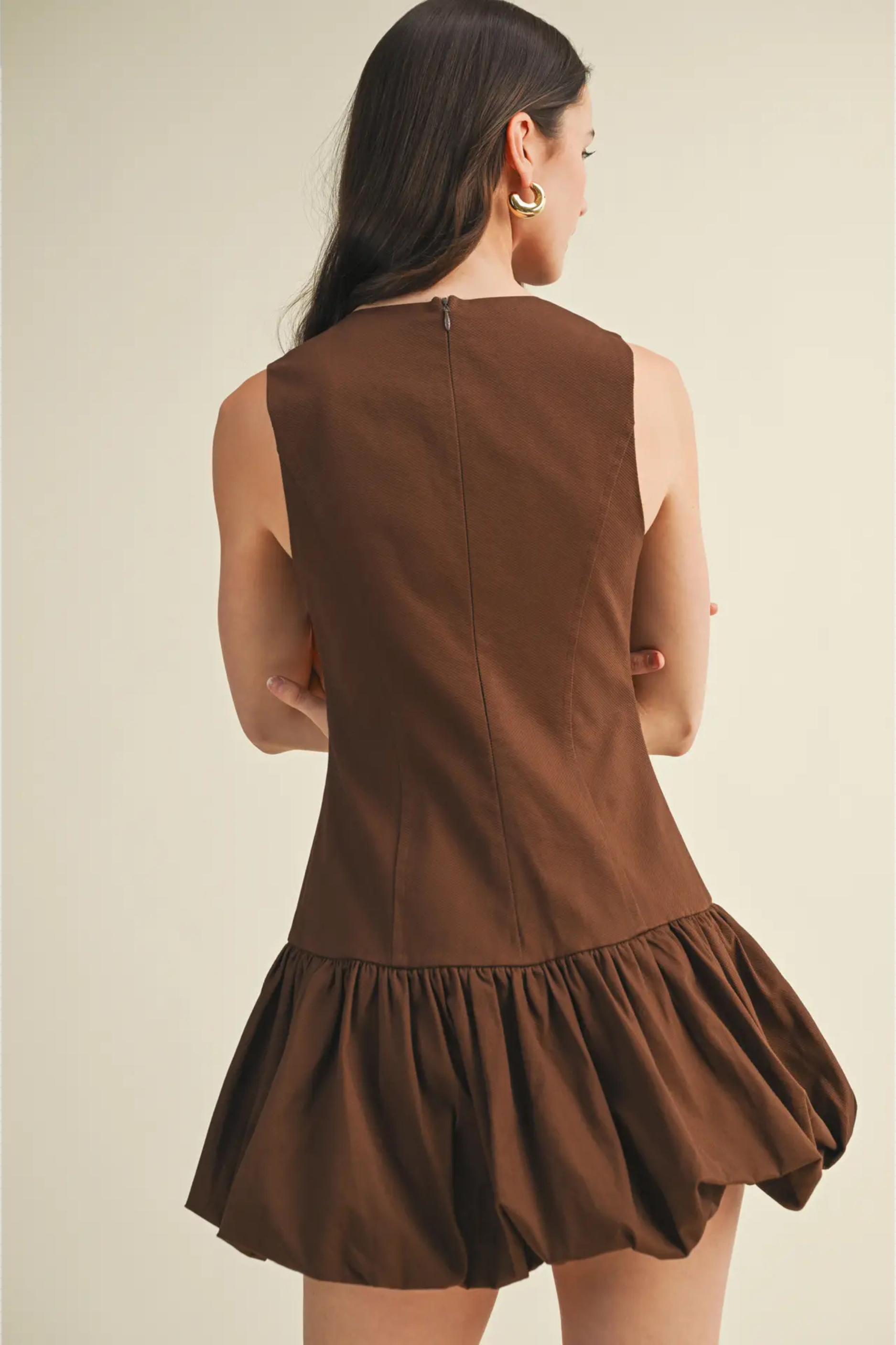 Balloon Hem Mini Dress - Brown