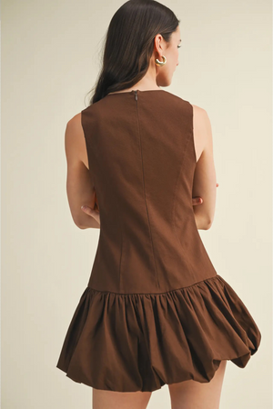 Balloon Hem Mini Dress - Brown