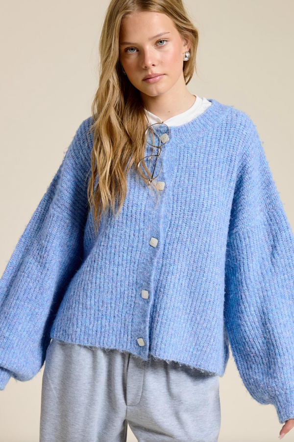 Balloon Sleeve Knit Cardigan - Blue