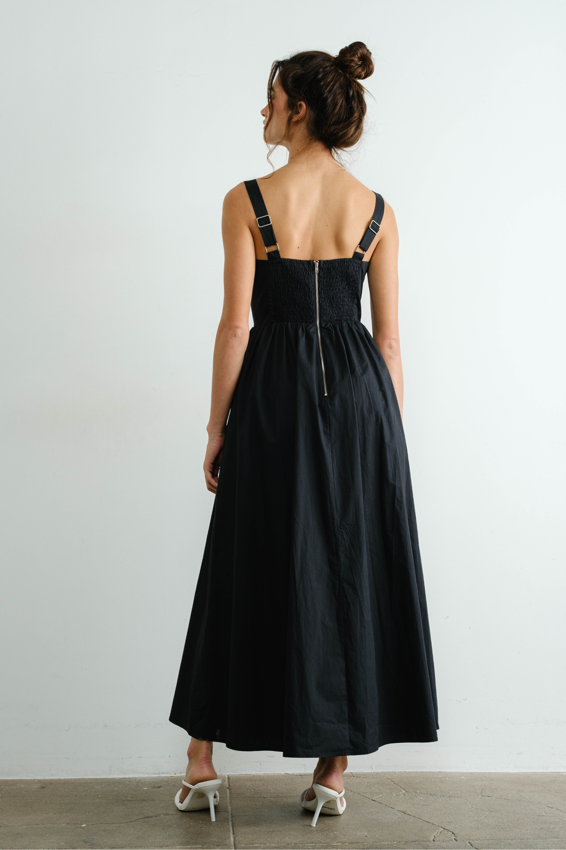 Poplin Ribbon Tie Maxi Dress - Black