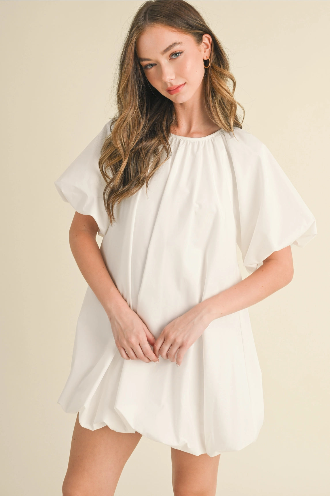 Puff Sleeve Bubble Hem Mini Dress - White